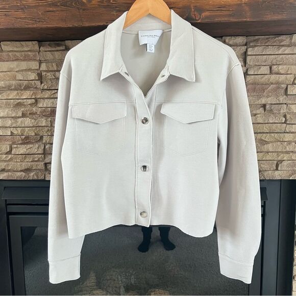 Carolina Belle Greige Oversized Crop Snap Stretch Comfy Blazer Jacket Size M - Picture 2 of 9